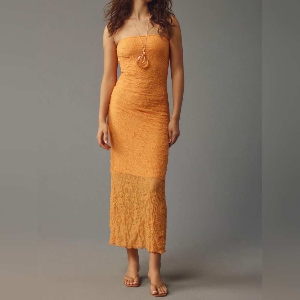 By Anthropologie Strapless Textured Knit Slip Midi Dress in Orange, Size XL